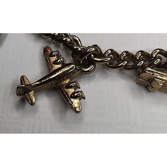 Vintage Gold Tone Charm Bracelet Airplane Cruise Ship Train Engine Florida Cross - Picture 3 of 13